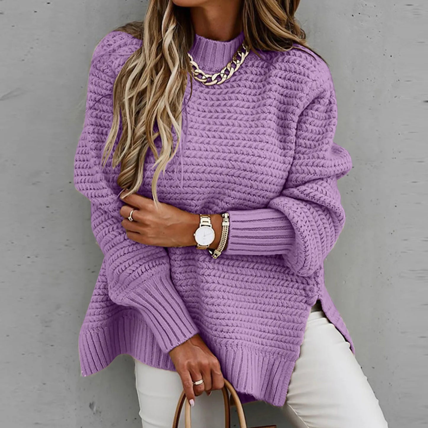 Women Knitted Pullover Sweaters Side Split Long Sleeve Jumper Sweater Female Fall Winter Casual Thick Tops Plus Size Streetwear